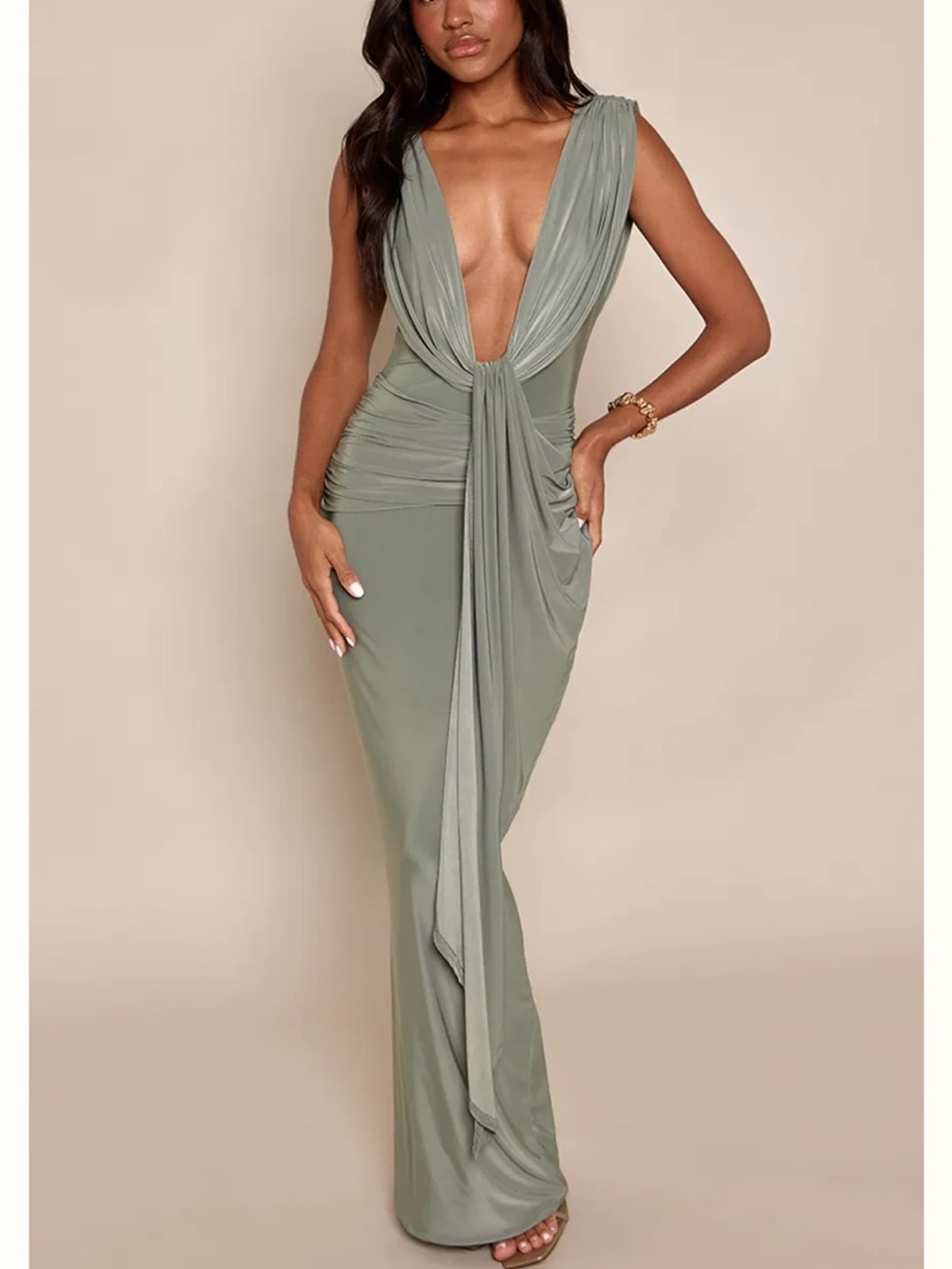PrettyLittleThing Sage Green Deep V Sash Maxi Dress